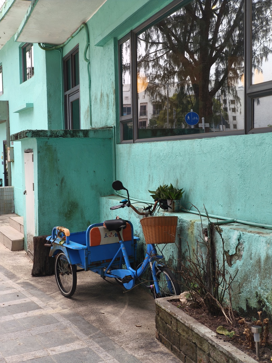A blue tricycle parked against a weathered turquoise wall